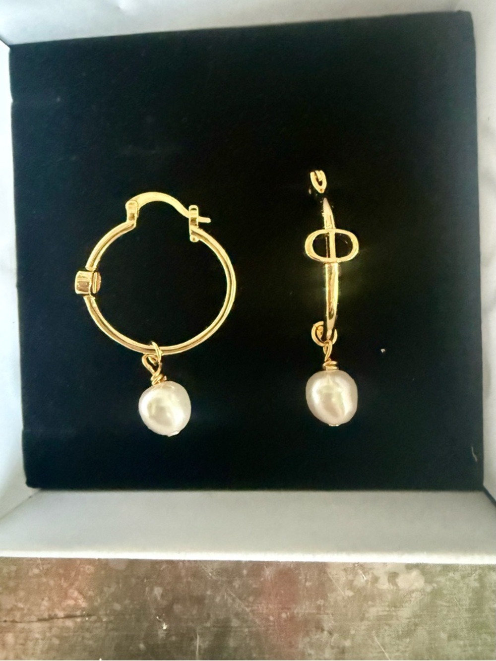 Dior Gold Tone Pearl Hoop Earrings